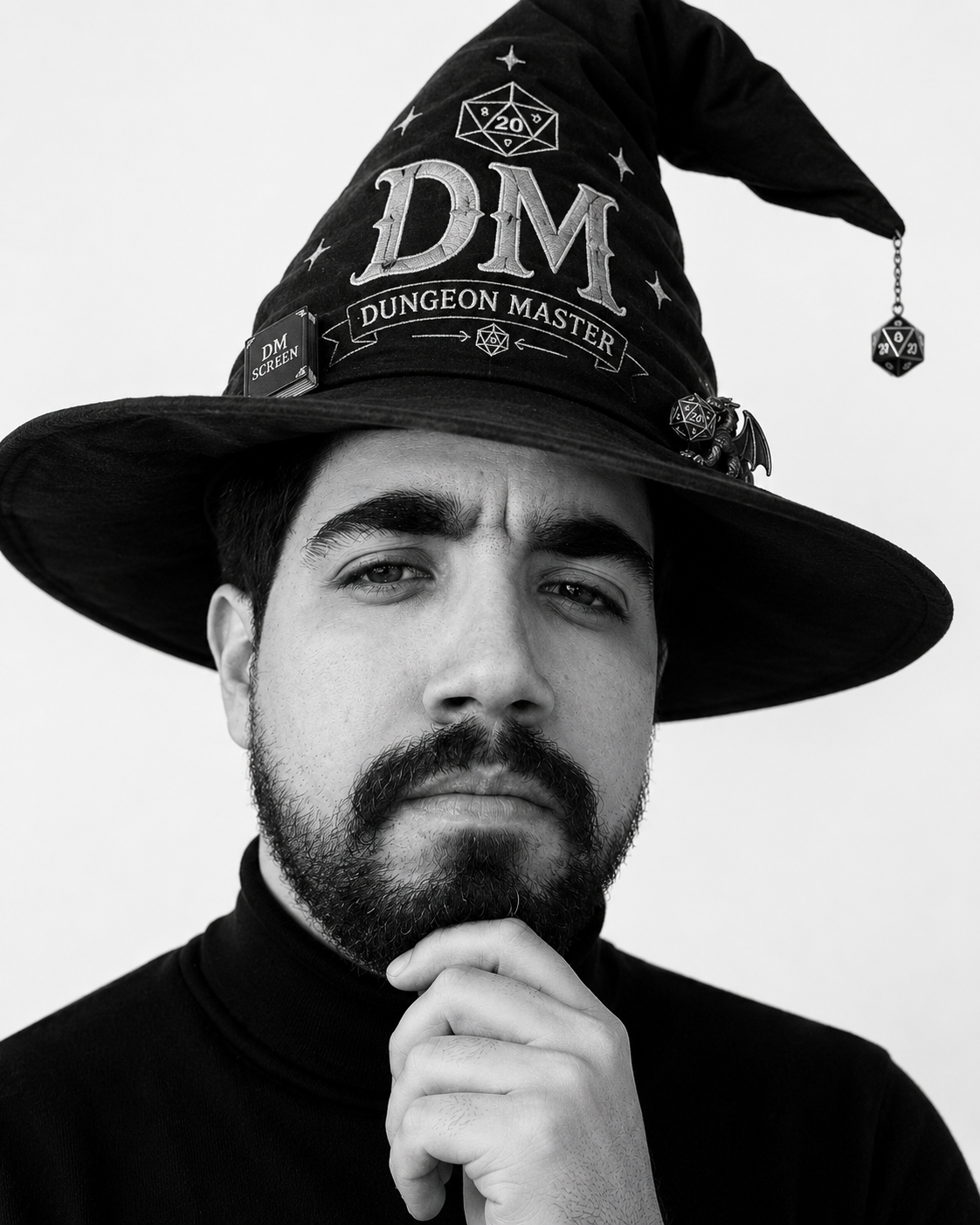 Black-and-white portrait wearing a Dungeon Master hat